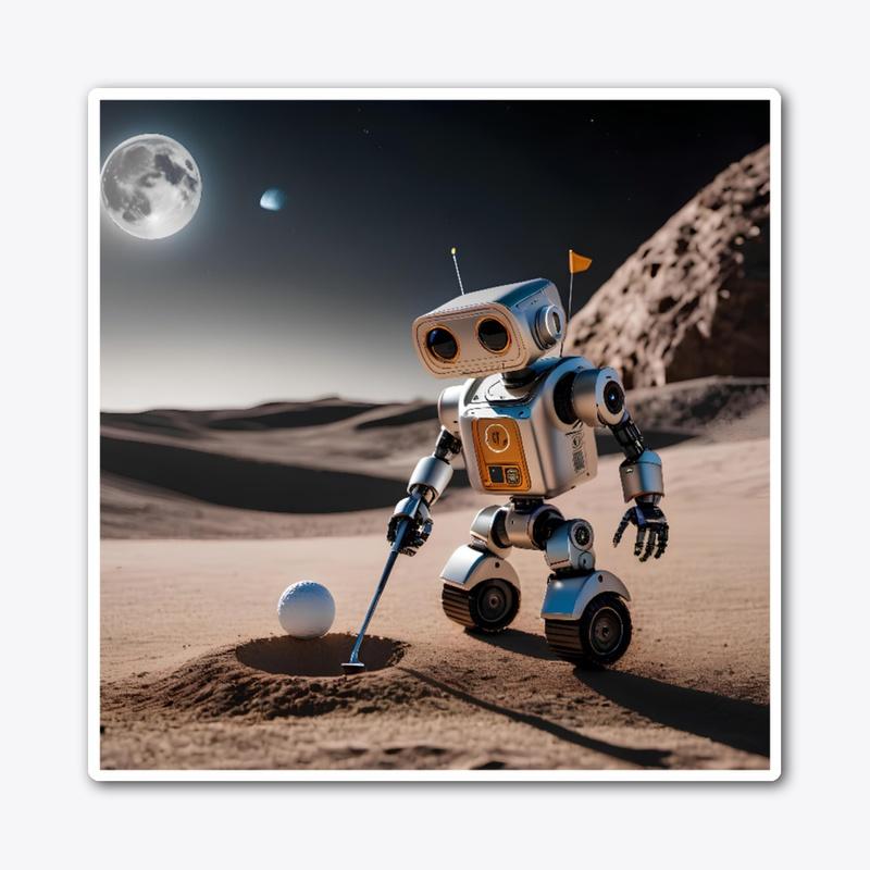 A robot playing golf on the moon