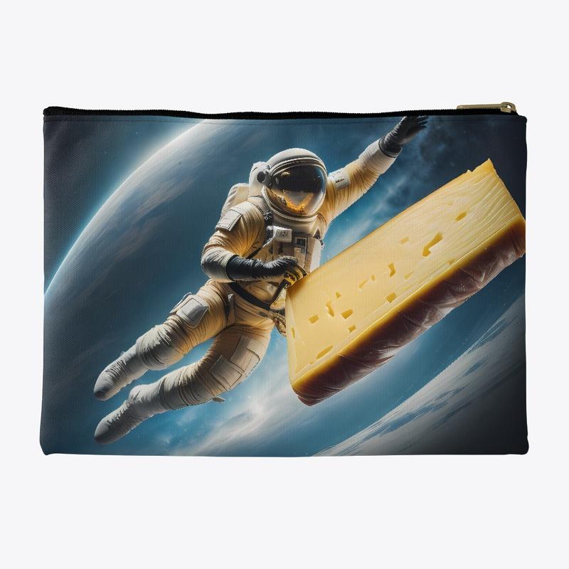 A spaceman chasing a piece of cheese