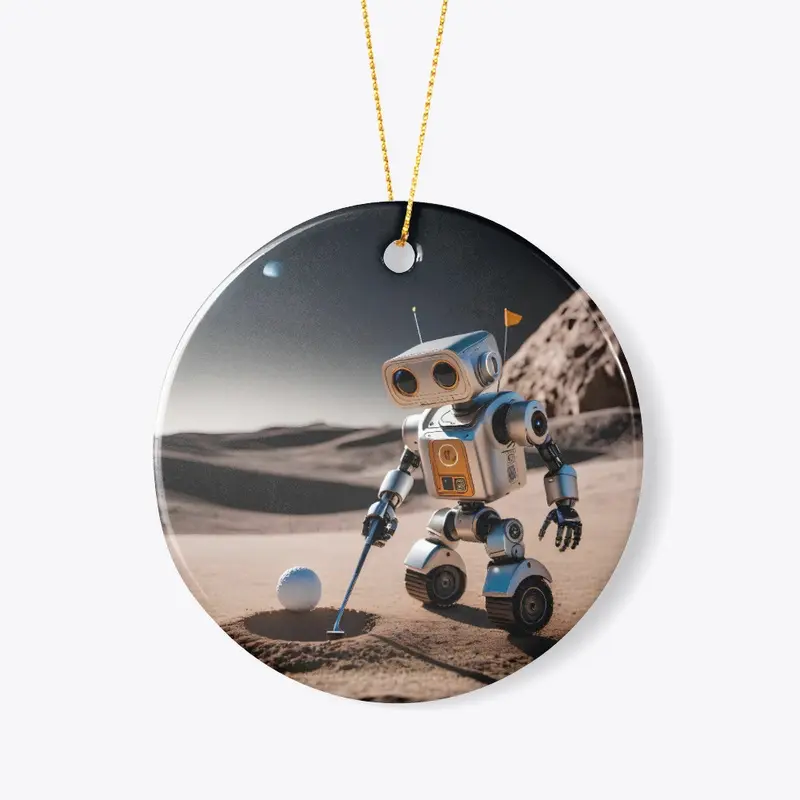 A robot playing golf on the moon